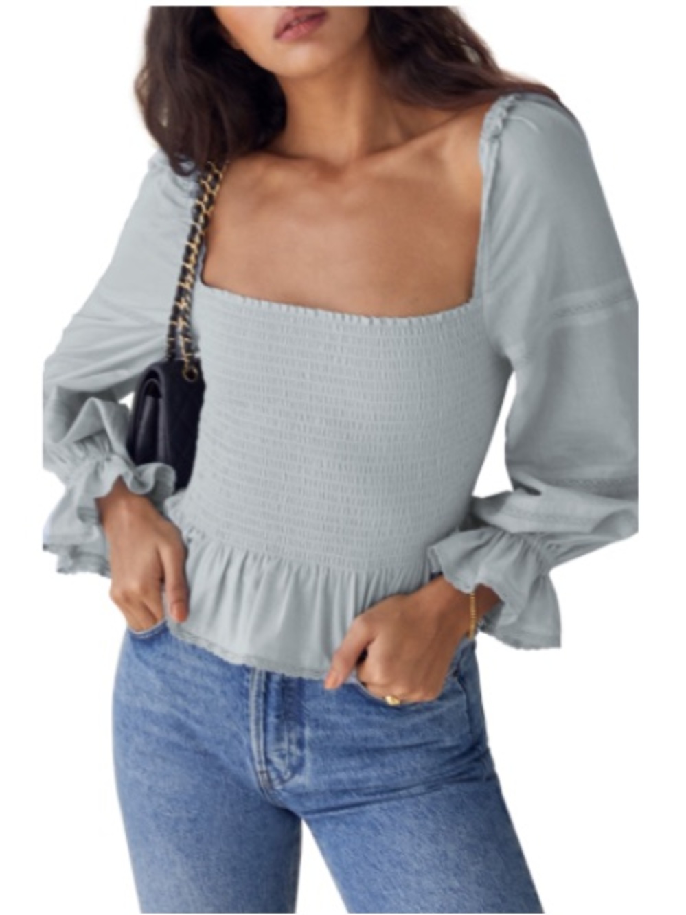 Reformation Roland Mineral Blue Smocked Peplum Top